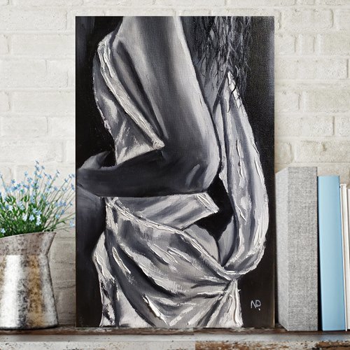 Attraction, nude erotic girl , black and white oil painting, art for home by Nataliia Plakhotnyk