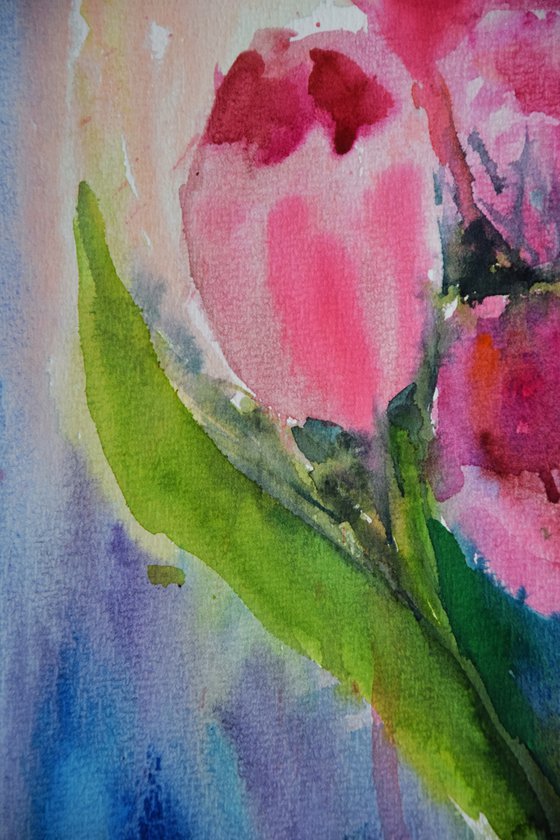 Pink tulips watercolor painting, flower wall art, floral bouquet gift for her