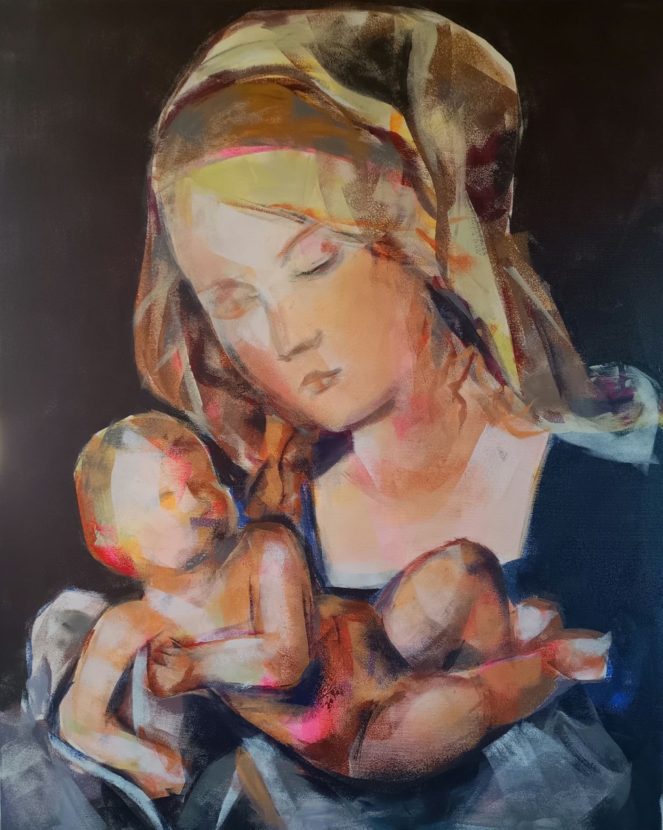 Expressive Portrait Acrylic Painting By Marina Del Pozo, 32 X 39", Madonna #5, Original Artwork
