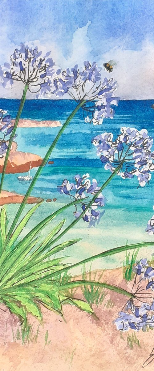 By the Sea, Agapanthus and Bees by Lisa Mann