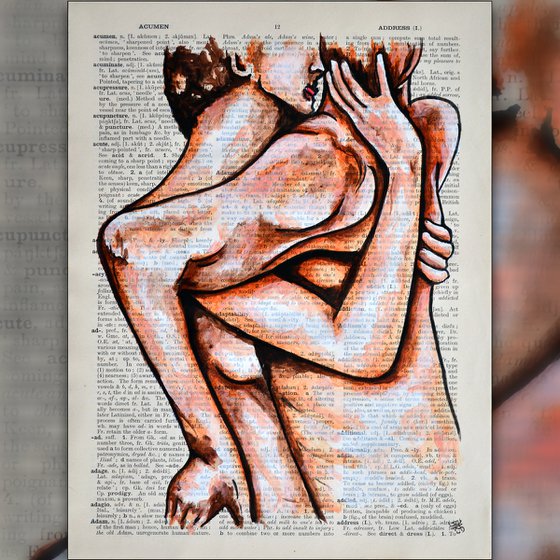 Lovers - Original Painting Collage Art On Large Real English Dictionary Vintage Book Page
