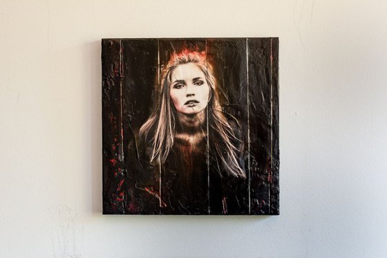 "Breakthrough" (30x30x2,5cm) - Unique portrait artwork on wood (abstract, portrait, original, beeswax, damarresin, oil, acrylic, painting, structures)