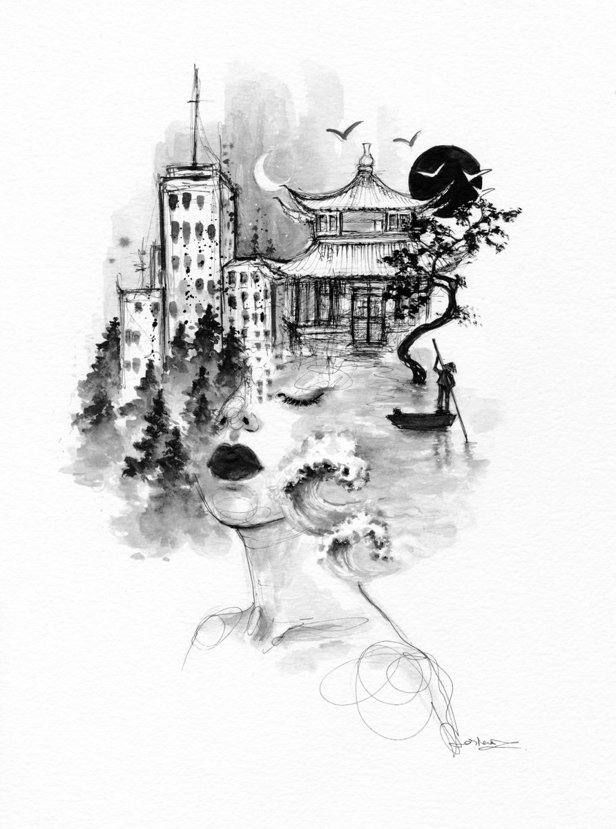 Expressive Portrait Ink Drawing By Doriana Popa, 8 X 11, Nomadic, Original Artwork