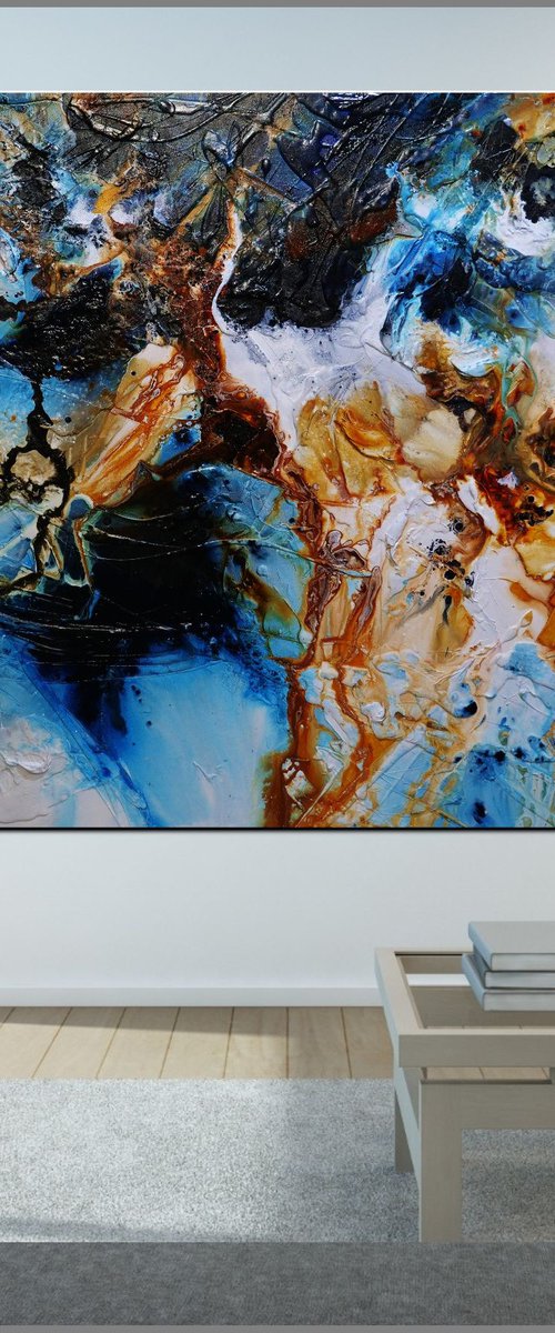 Melted Rust 150cm x 150cm Blue Black Rust Textured Abstract Art by Franko