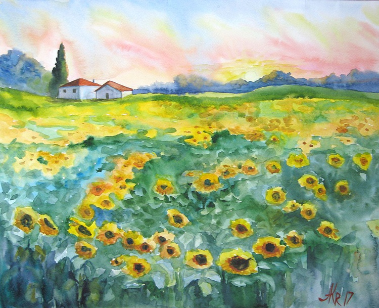 Sunflower Field Watercolour Landscape Artfinder