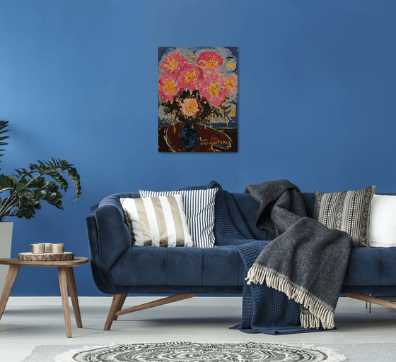 PEONIES IN A BLUE VASE - Floral art, original oil painting, still-life with flowers, bouquet of flowers, peony, red pink blue, impressionist, interior art home office decor, gift 80x60