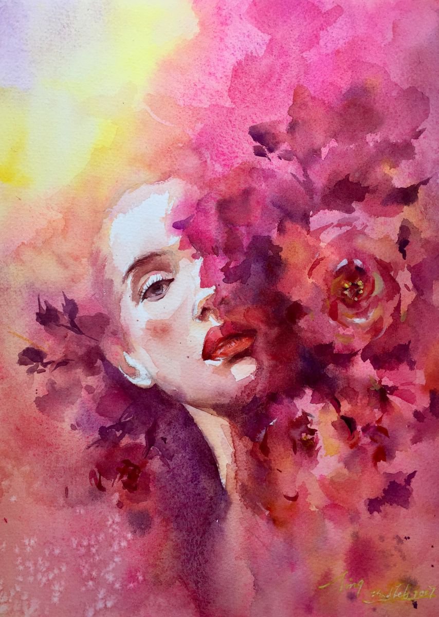 Impressionistic Portrait Watercolour By Jing Chen, 11 X 15, Blossom 14, Original Artwork