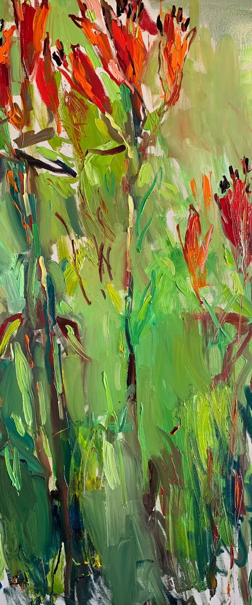 Red lilies. by Lilia Orlova-Holmes