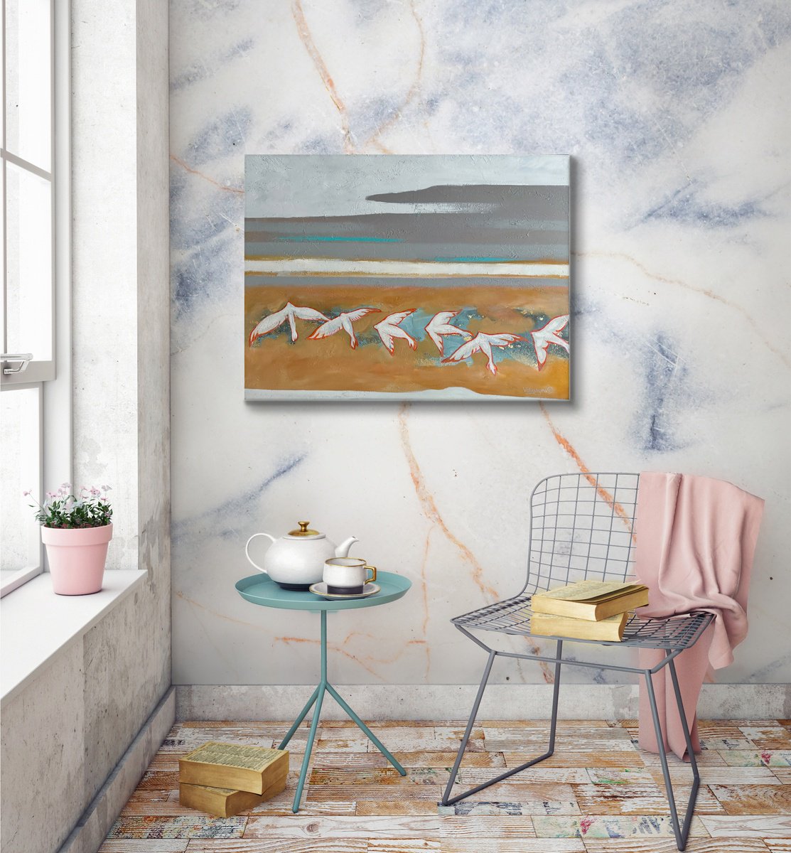 Abstract Animal Oil Painting By Mary Voloshyna, 31 X 24", Six Birds, Original Artwork