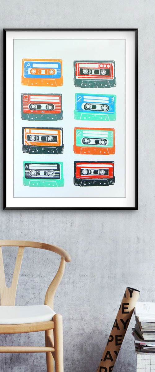 Linocut tapes #22 (cassette tapes, retro music, 70's, 80's rock culture) by Carolynne Coulson