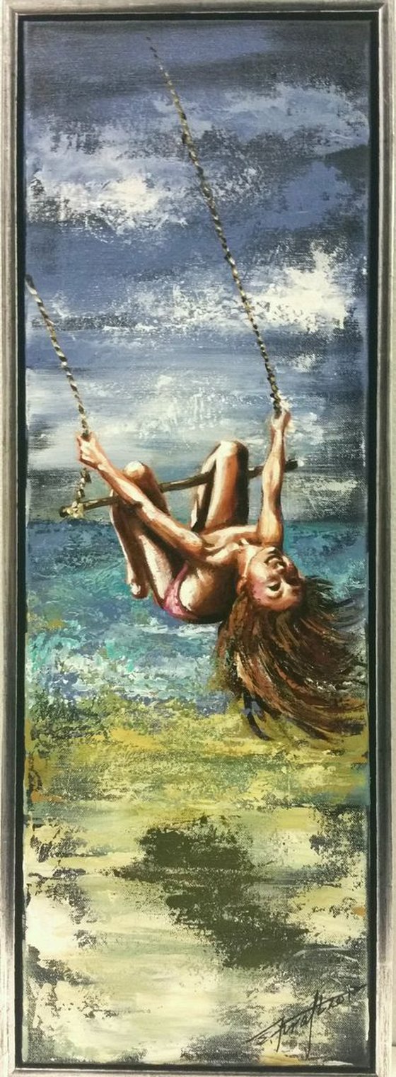 "Winged swing",original acrylic painting 30x90, ready to hang,framed