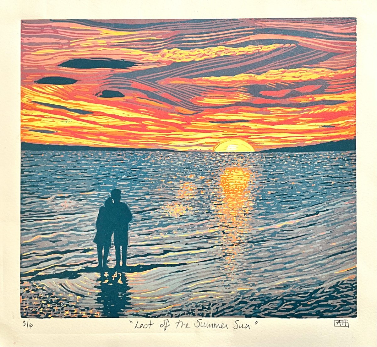 Impressionistic Landscape Linocut By Alison Headley, 11 X 10, Last Of The Summer Sun, Original Artwork