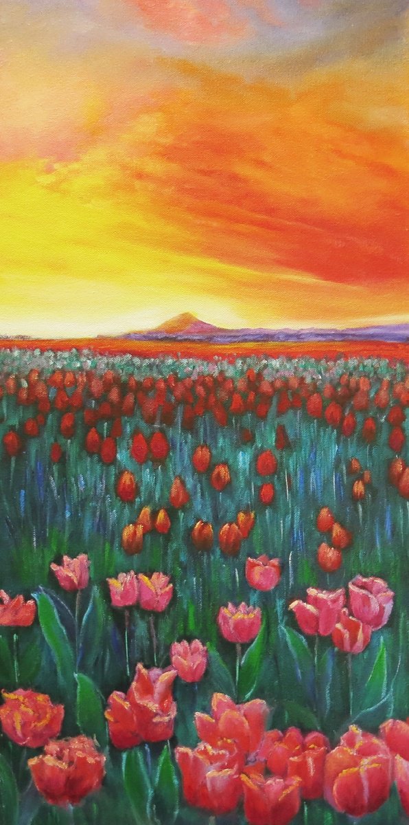 Impressionistic Landscape Oil Painting By Maureen Greenwood, 12 X 24", Sunset And Tulips, Original Artwork