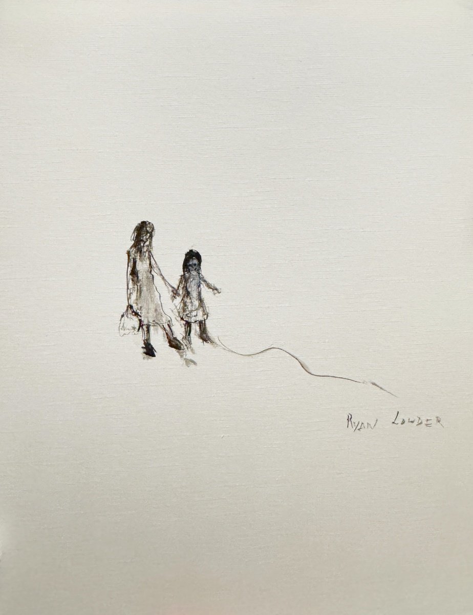 Expressive Portrait Ink Drawing By Ryan Louder, 12 X 16", Mother And Daughter, Original Artwork