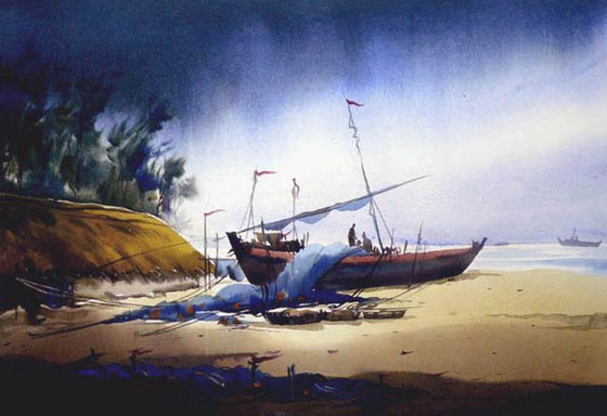 Monsoon Seashore & Fishing Boats - Watercolor Painting