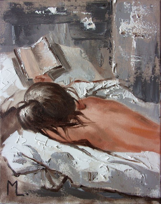 " READING IN BED ...  " book lover original painting ROOM  palette knife GIFT brown