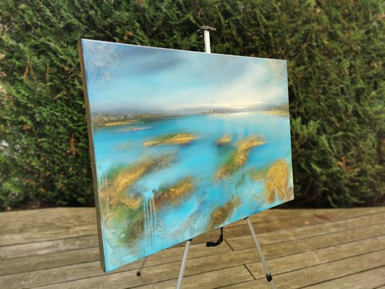 A large abstract beautiful structured mixed media painting of a lake "On the lakeshore"