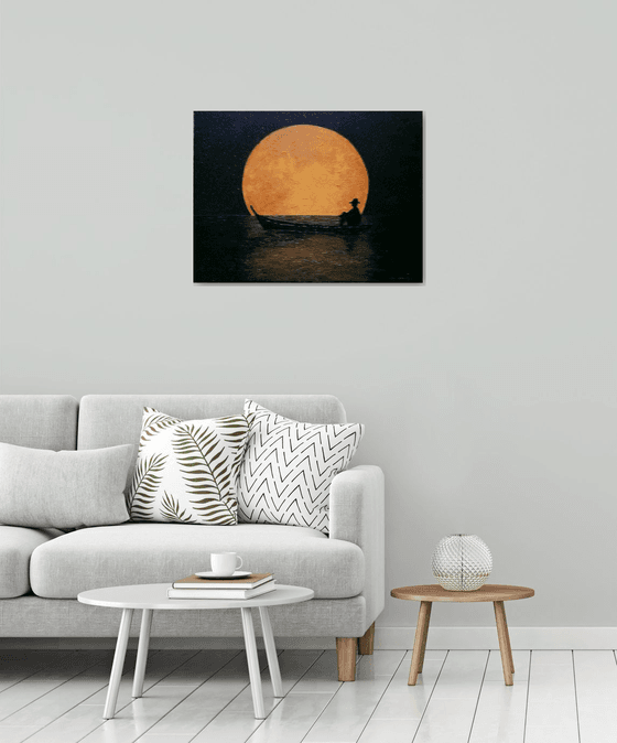 Magic Night - full moon, starry night, boat on lake;  home, office décor