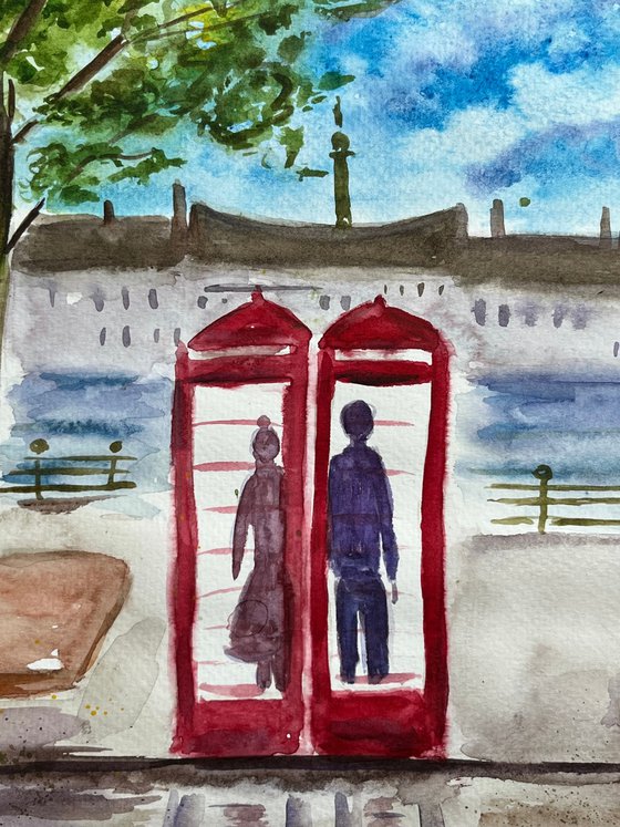 London Painting Couple Original Art Phone Cabin Watercolor Love Story Artwork Cityscape Wall Art 10 b y 14" by Halyna Kirichenko