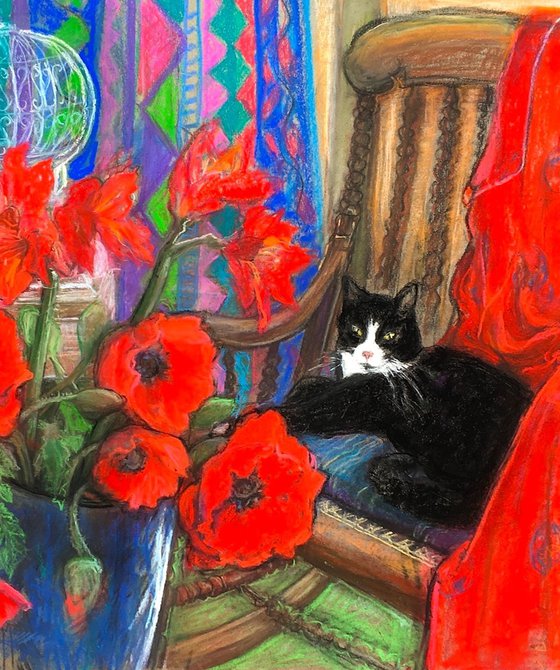 Black cat with Poppies