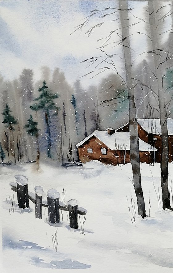 Winter farmhouse painting.