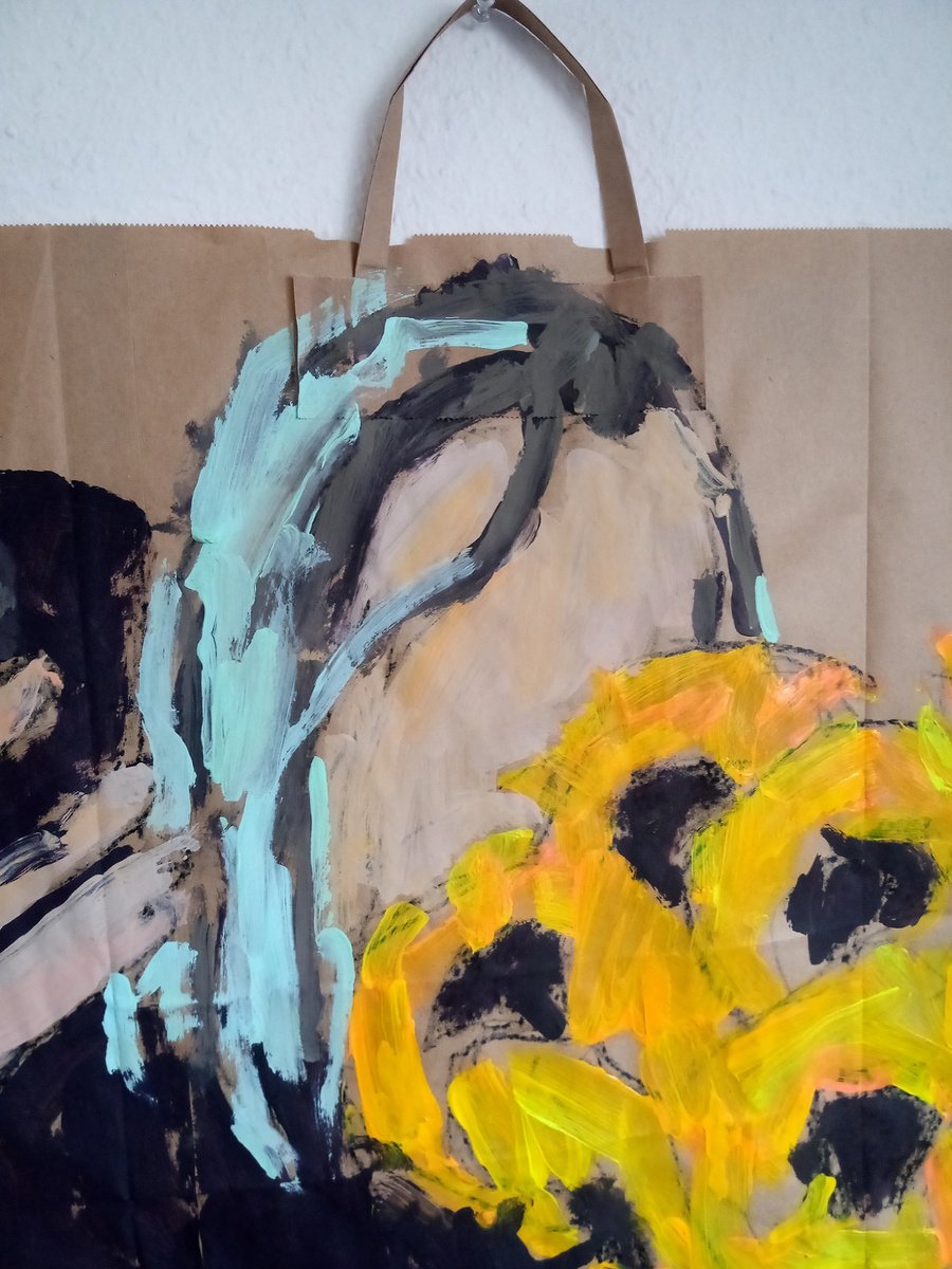 Naive Portrait Acrylic Painting By Valerie Lazareva, 25 X 22", #44/24 Selfie With Sunflowers, Original Artwork