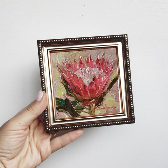 Small painting framed pink protea art original, Unique protea wall art