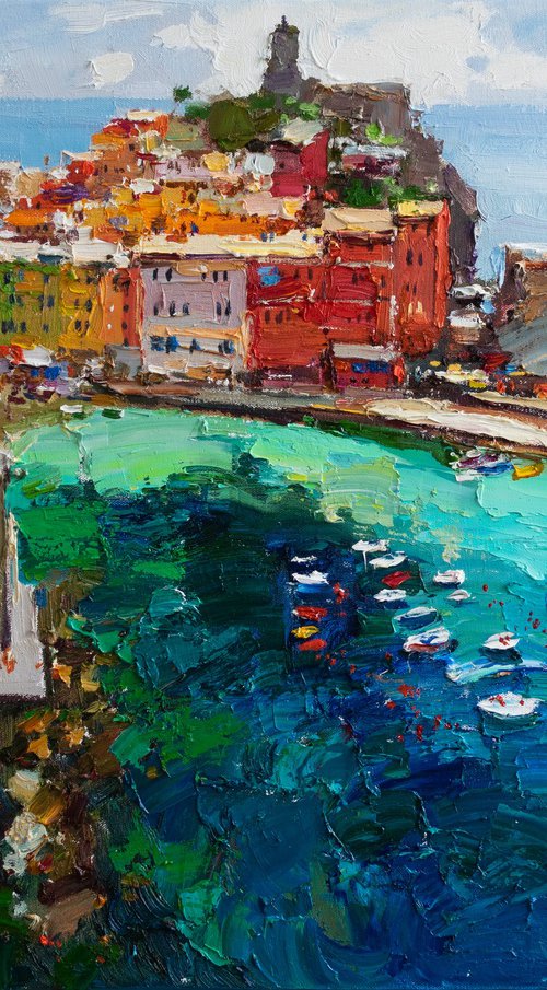 Vernazza Cinque Terre iItaly - Original impasto landscape painting textured Oil painting Italy wall art by Anastasiia Valiulina
