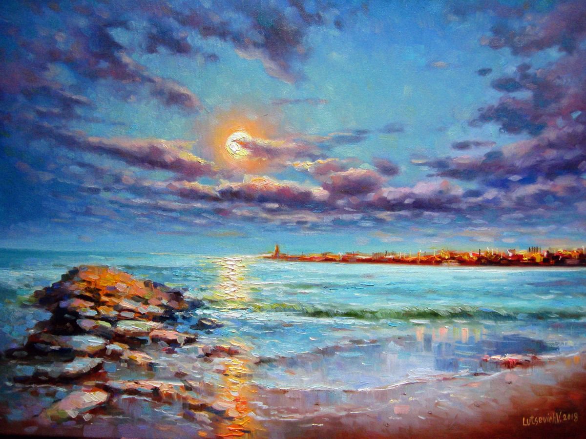 Impressionistic Landscape Oil Painting By Vladimir Lutsevich, 22 X 17", Moonrise Over The Sea, Original Artwork
