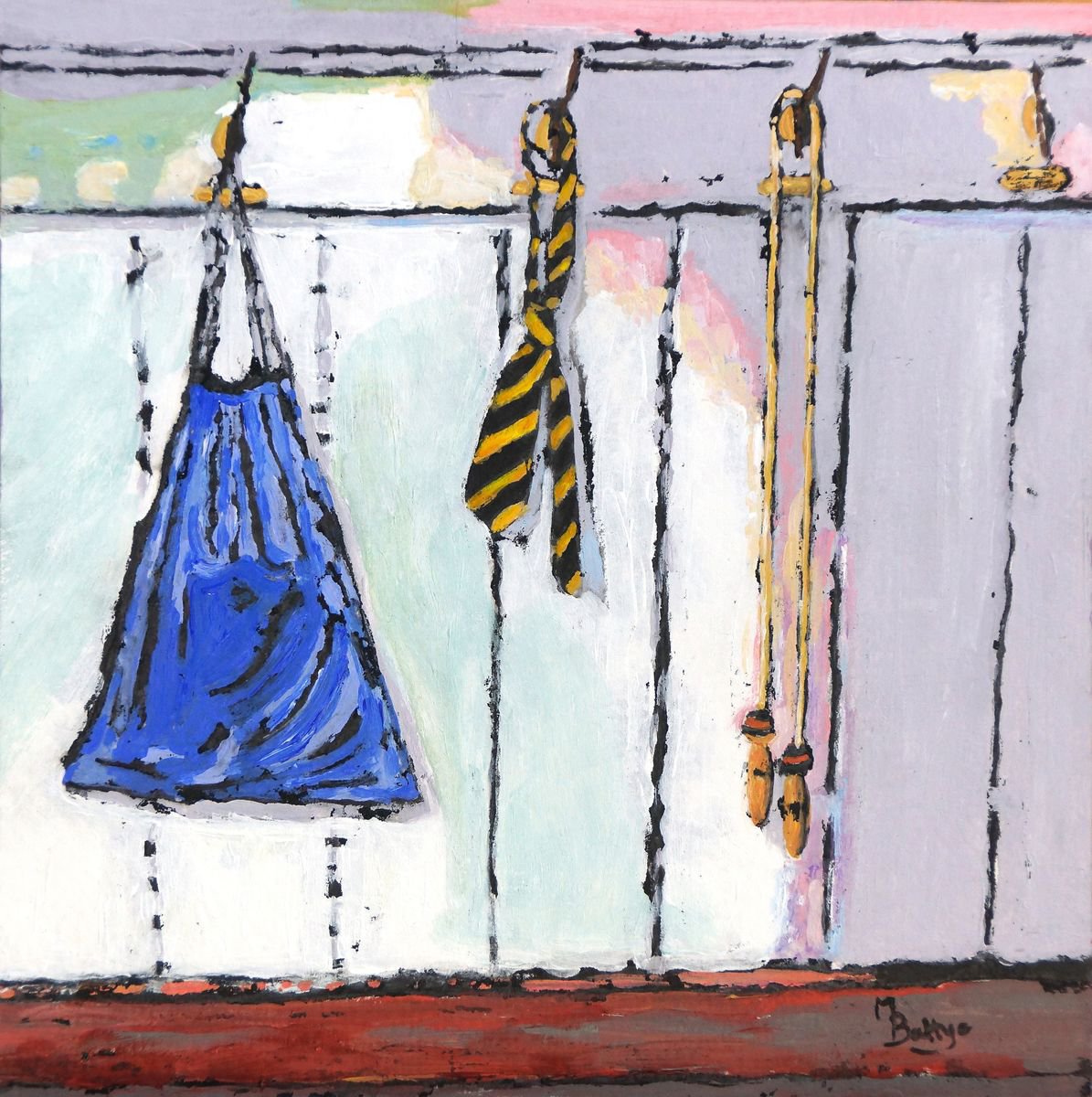 School Pegs - Framed - Ready To Hang - Ink Resist Painting by Margaret Battye