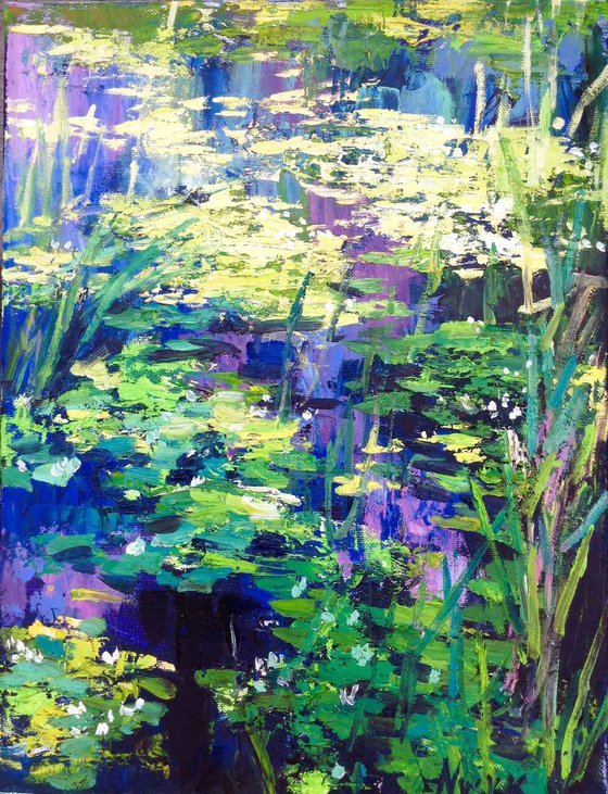 Abstract water lilies pond violet clouds oil painting landscape river sunlight