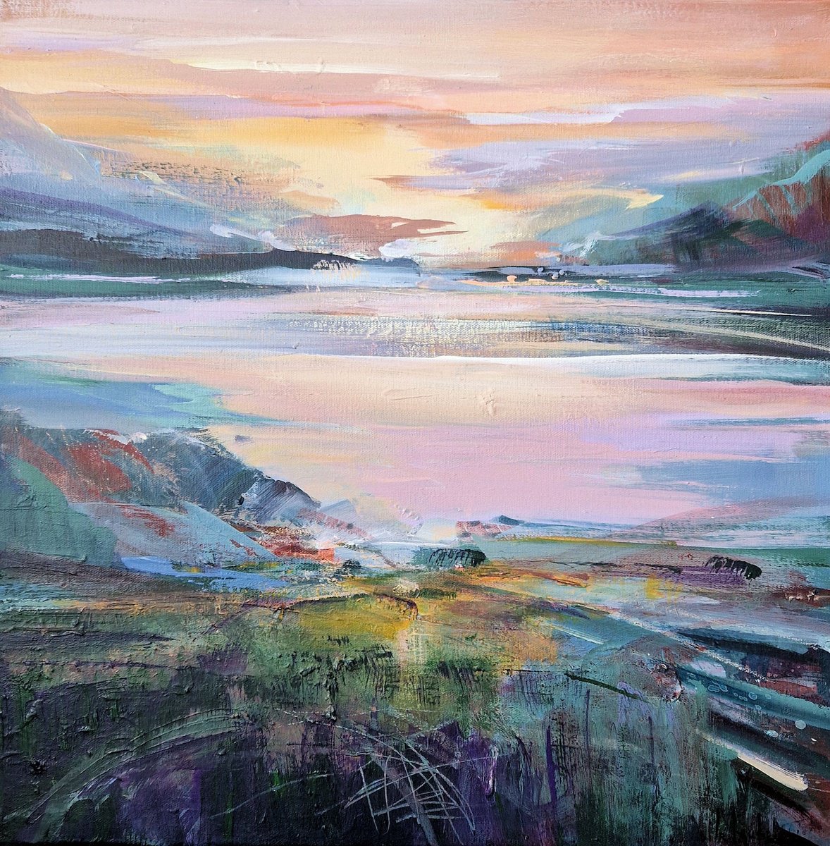 Impressionistic Landscape Acrylic Painting By Irina Laube, 20 X 20, Sunset Sky Ii, Original Artwork