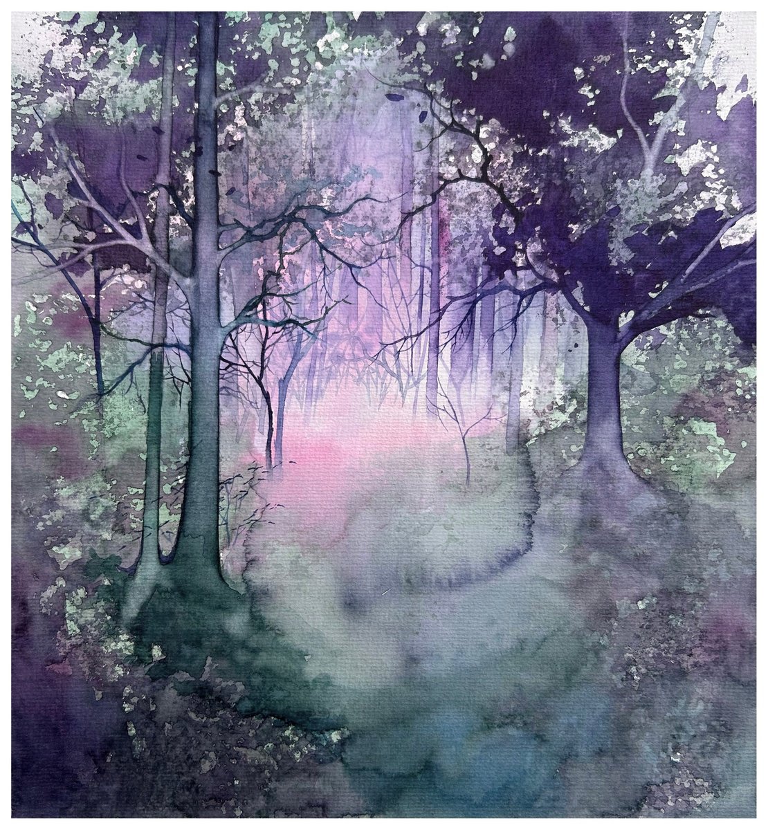 Impressionistic Landscape Watercolour By Nazar Grunyka, 12 X 13", Mystical Forest, Original Artwork