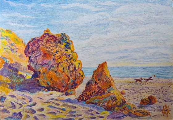 Sunlit Coastal Cliffs with Dogs