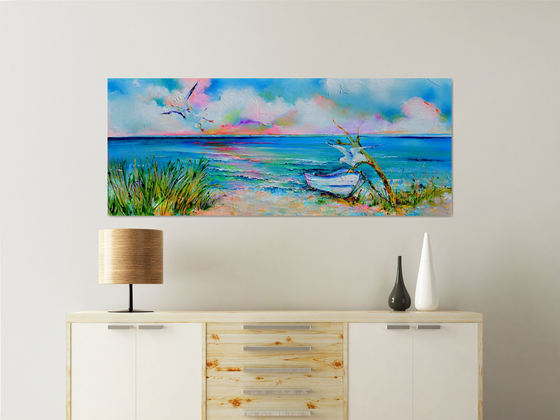 Boat and Seagulls on Seashore