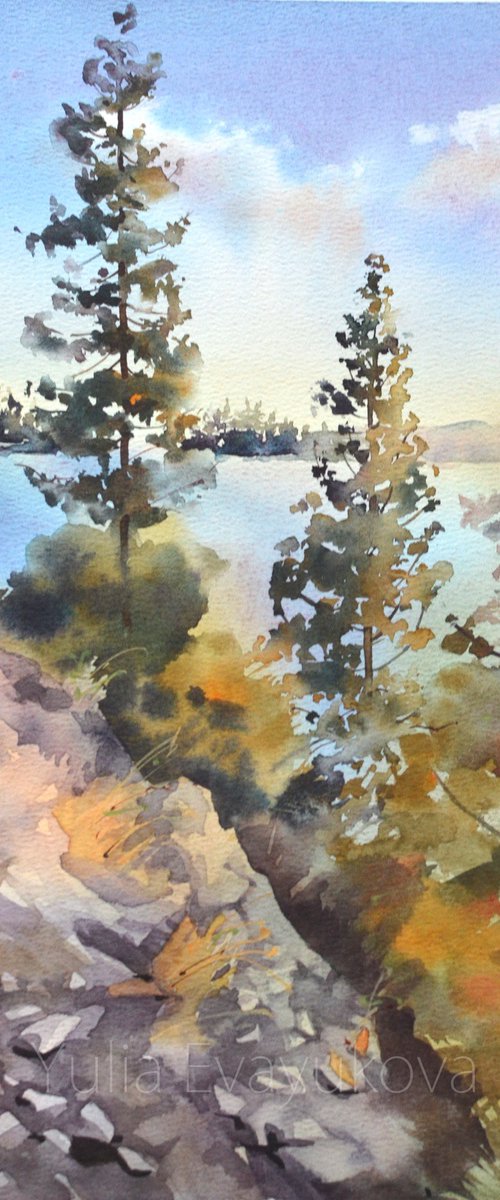 Lake and Pines / Watercolor landscape / Forest / water and sky by Yulia Evsyukova