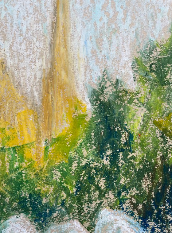 Fountain Original Painting, Mallorca Oil Pastel Painting, Europe City Drawing, Impressionist Wall Art