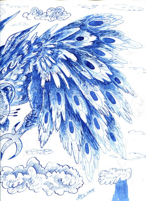 Peacock-cat in blue ink