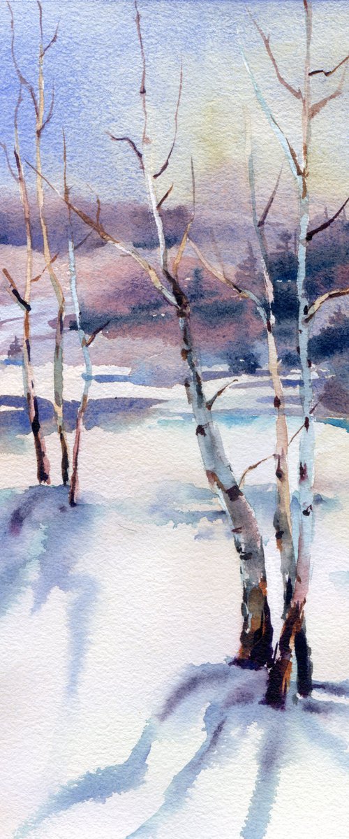 Birches in winter, watercolor forest landscape, snow and trees by Yulia Evsyukova
