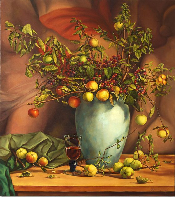 Still life with apples and painting