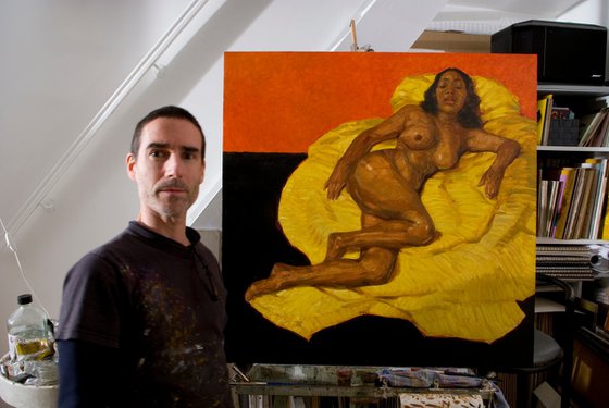 nude woman in yellow black green