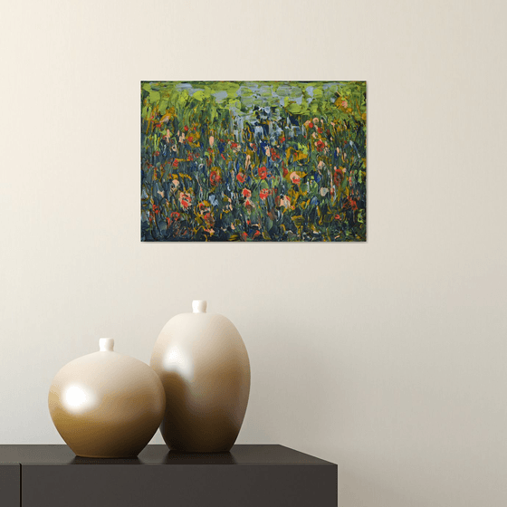 Green Meadow - Palette knife  Modern abstract flowers