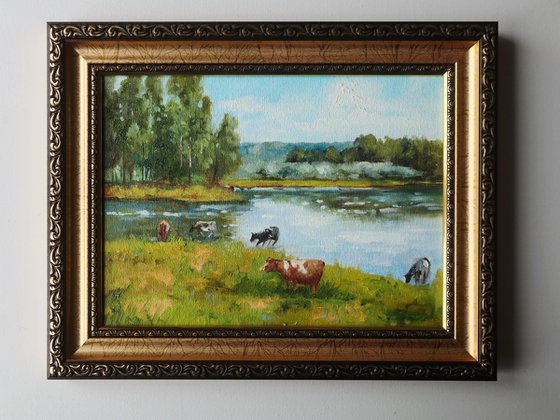 Cows by the Riverside, Pastoral Scene