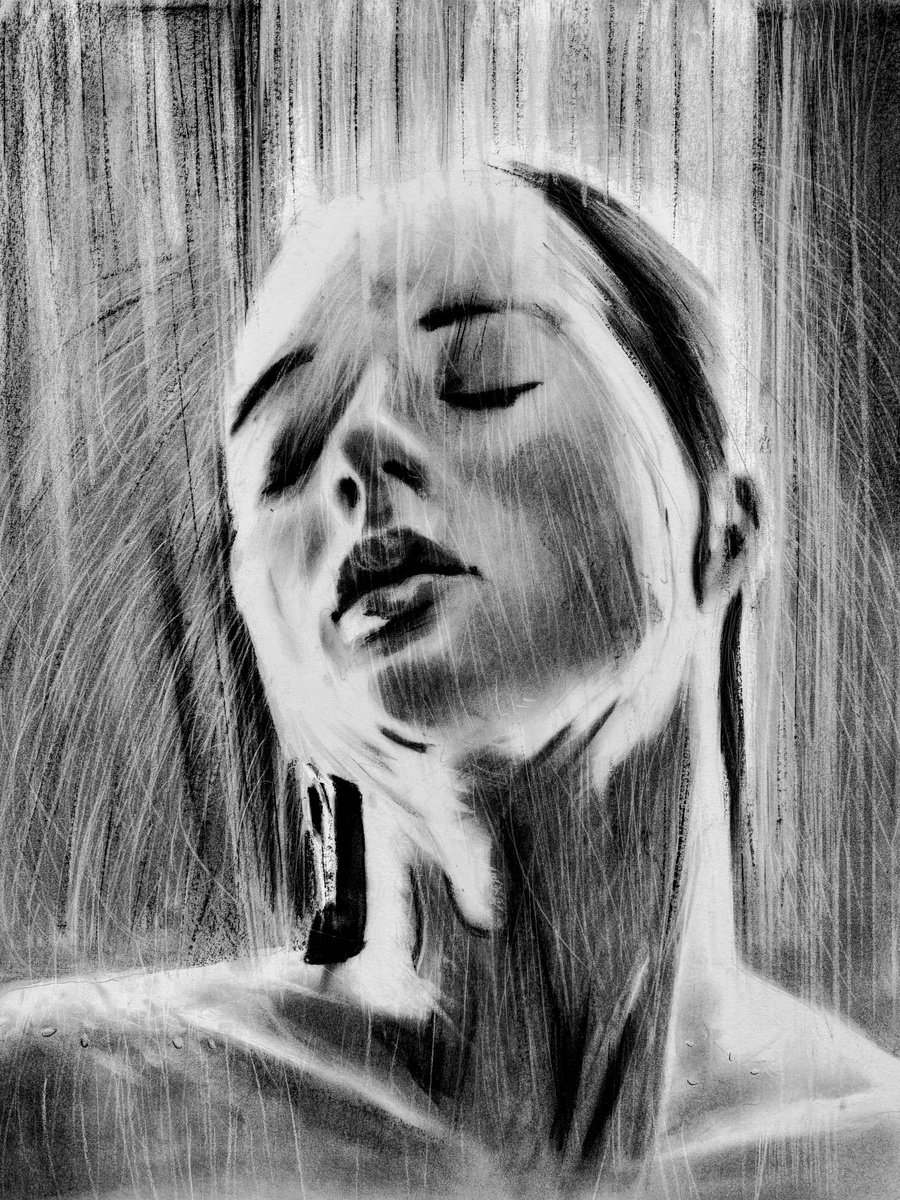 Photorealistic Portrait Charcoal Drawing By Denny Stoekenbroek, 20 X 26, Under The Rain, Original Artwork