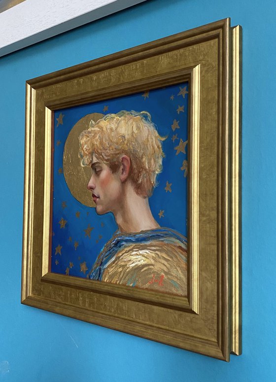 Blond Young Man with gold and turquoise.