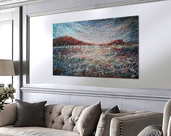 Large Beige Blue Landscape Black white abstract painting Brown blue art - Ready to hang