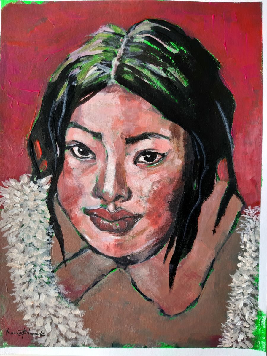 Tibetan girl, original acrylic painting on paper, 24x32 cm by Nora Block