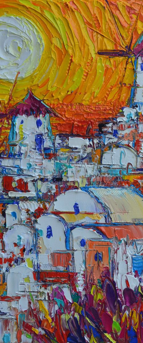 ABSTRACT SANTORINI OIA WINDMILLS AT SUNSET contemporary impressionist abstract cityscape impasto palette knife original oil painting by ANA MARIA EDULESCU