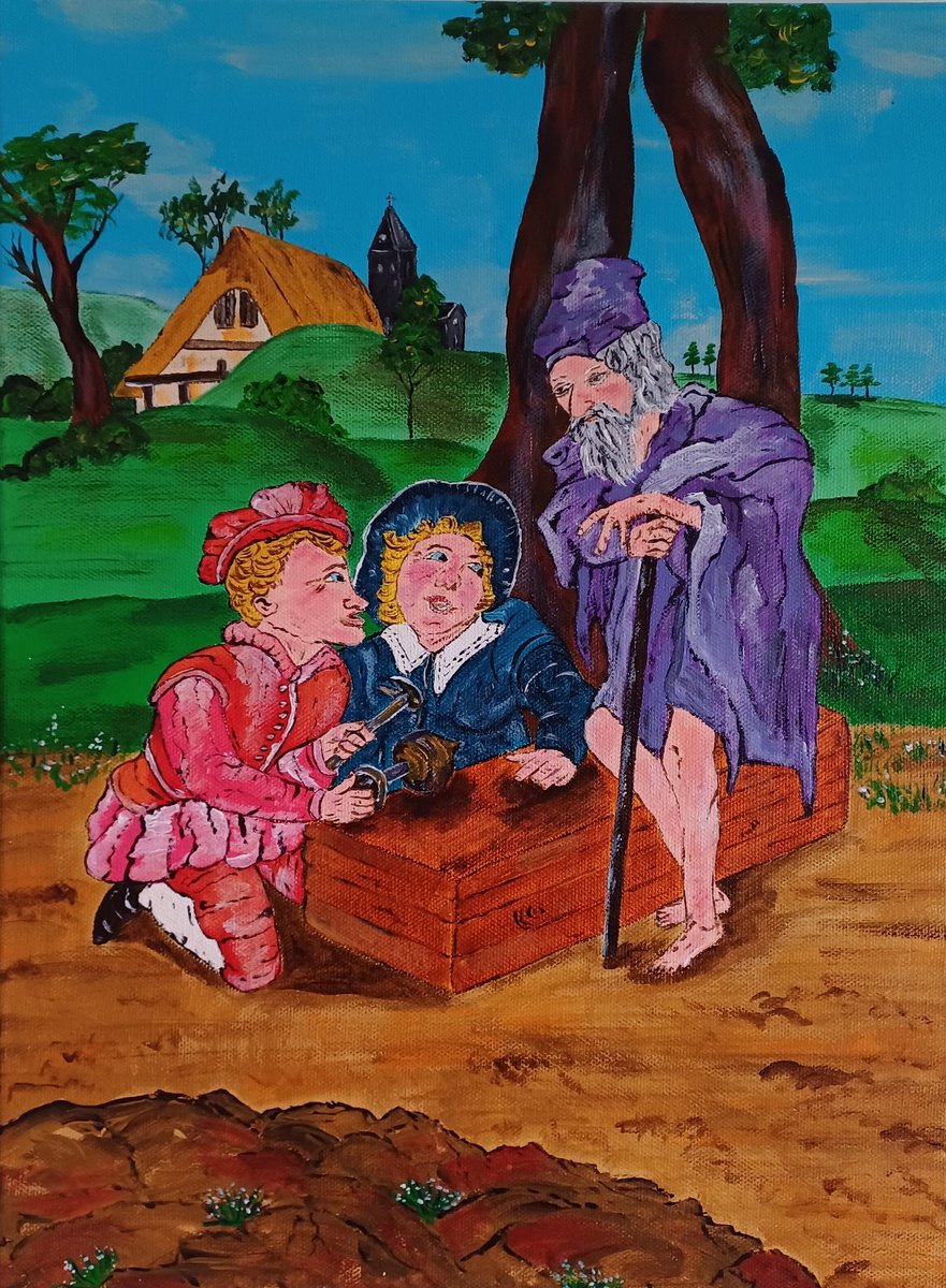 Naive Portrait Acrylic Painting By Corinne Hamer, 12 X 16, Wealth And Poverty, Original Artwork