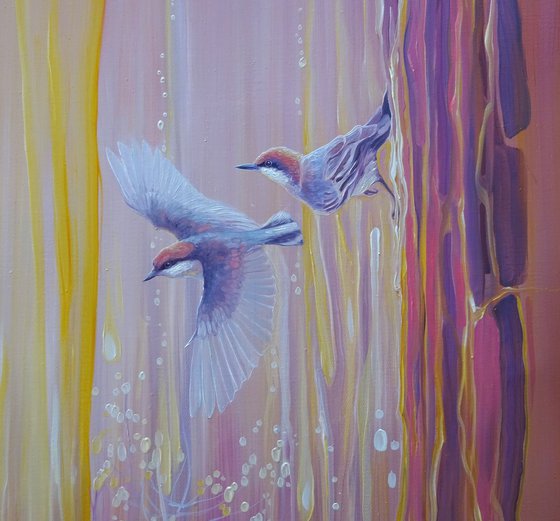 A Piece of Magic - a pink abstract painting with birds and wildflowers